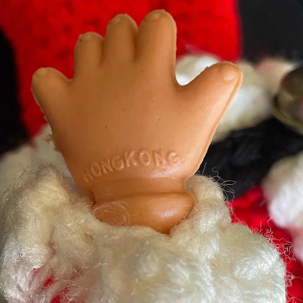 Vintage Crochet Santa Doll Pladtic Face Hands Boots 11” Jingle Bells Toy Sack